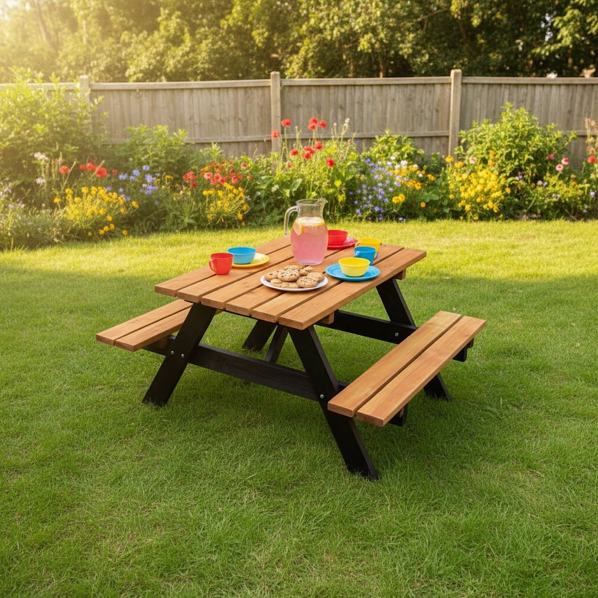 Kinderpicknicktafel 90x120cm Zwart Teak Gebeitst Gemonteerd 