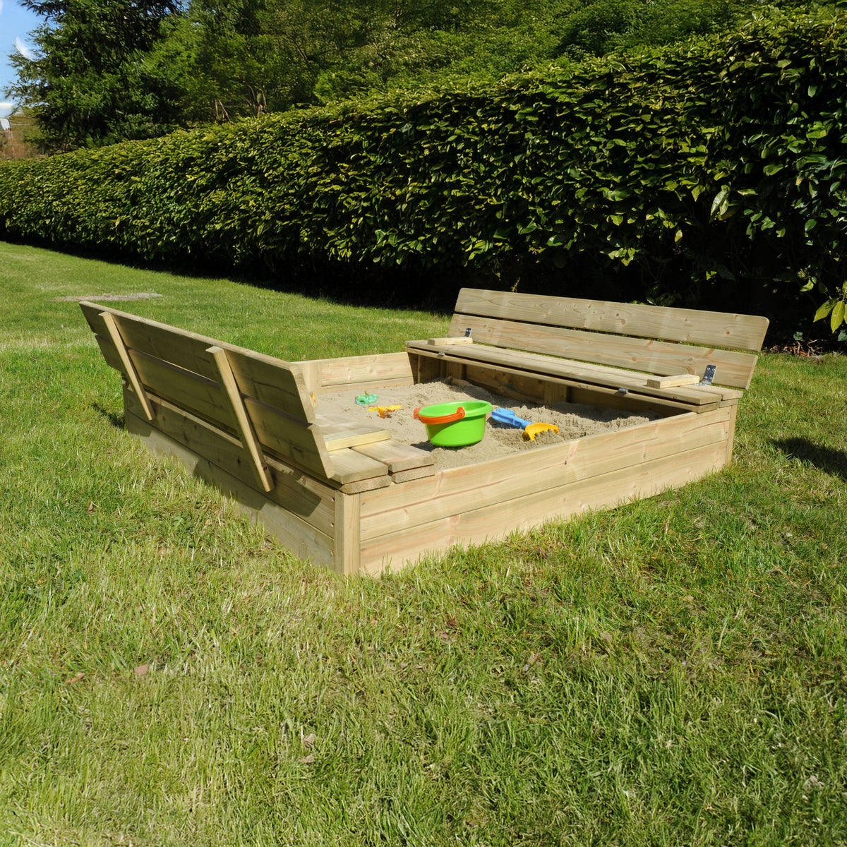 Houten Zandbak met Opklapbare Deksel en Zitbank – 118 x 118 cm
