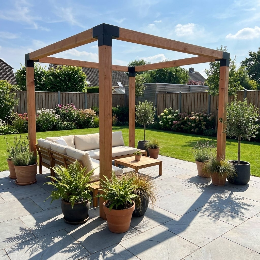 Douglas pergola 300x300 cm 12x12 cm staalverbindingen