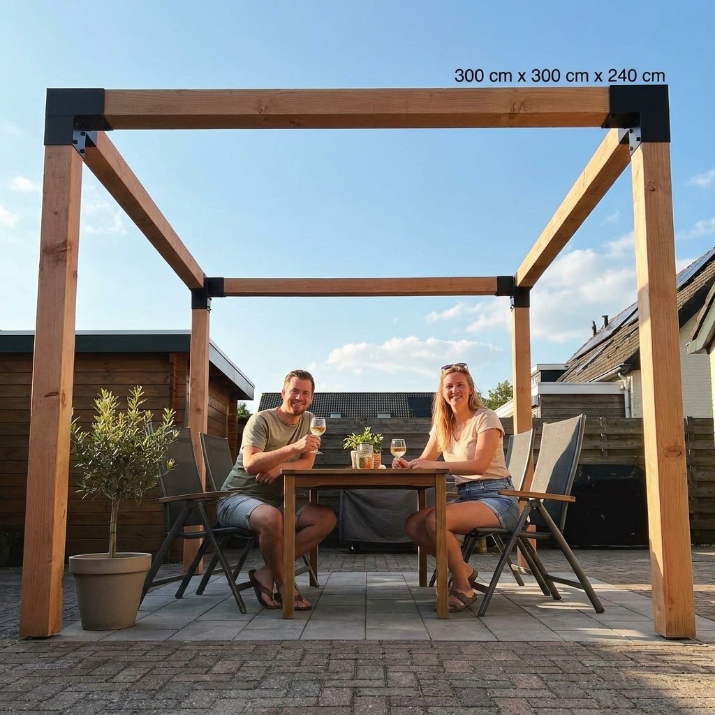 Douglas pergola 300x300 cm 12x12 cm staalverbindingen