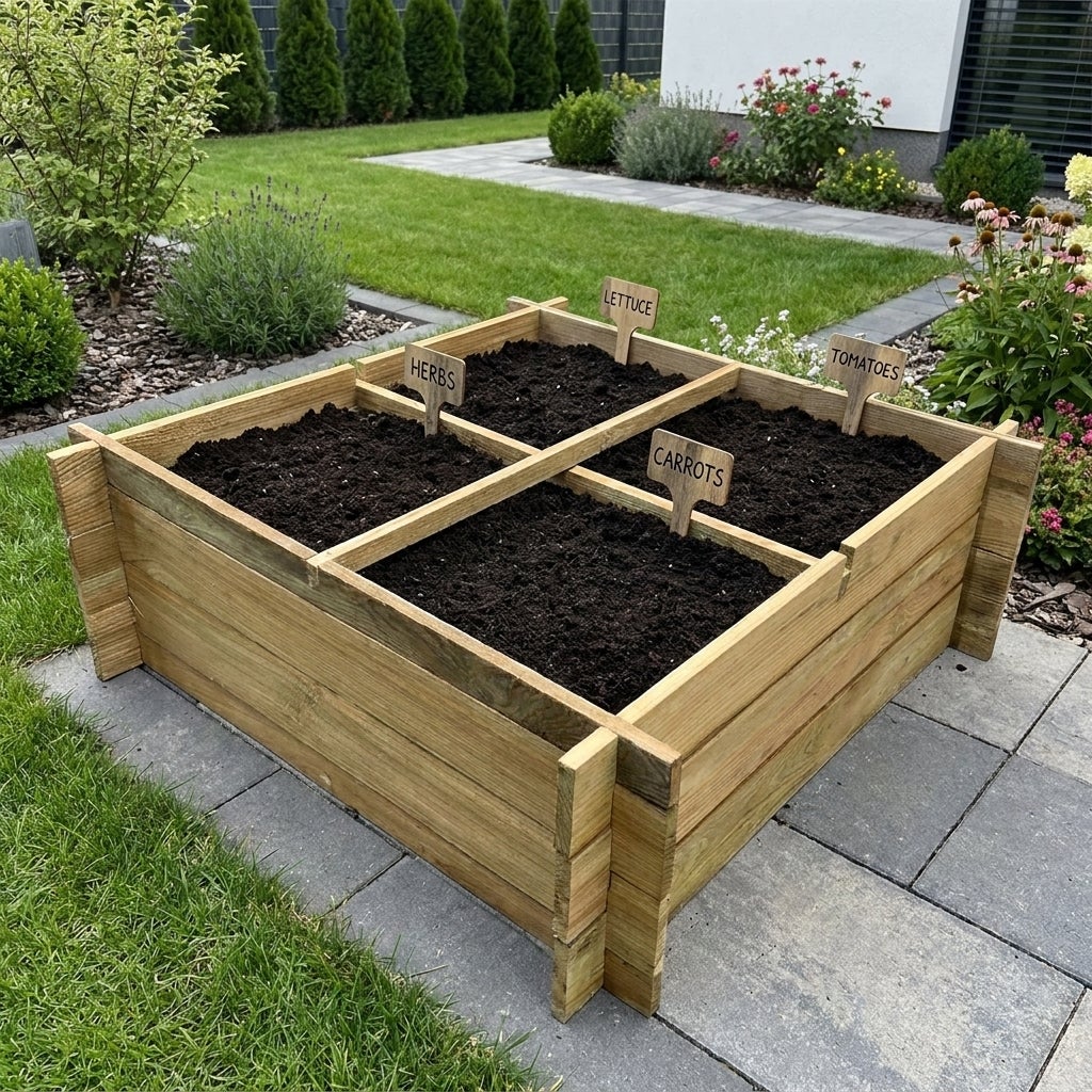 Moestuinbak met 4 Vakken en Worteldoek Geïmpregneerd 100 x 100 x 27 cm