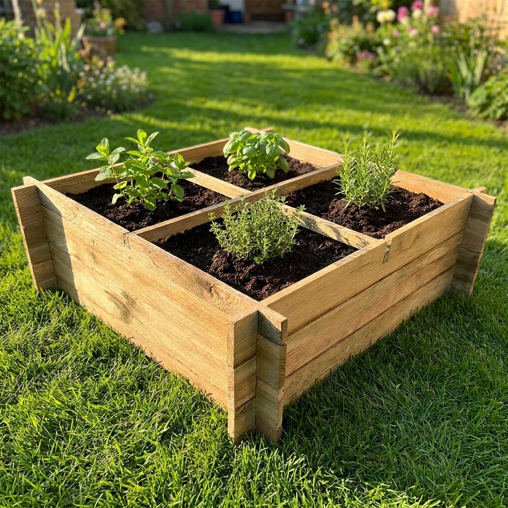 Moestuinbak met 4 Vakken en Worteldoek Geïmpregneerd 80 x 80 x 27 cm
