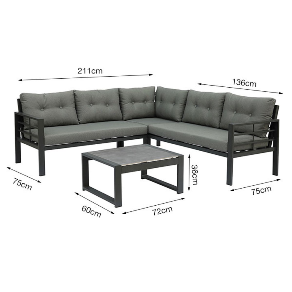 Hoekbank Loungeset Elba met verstelbare Relaxhoek, Kussens en Bijzettafel