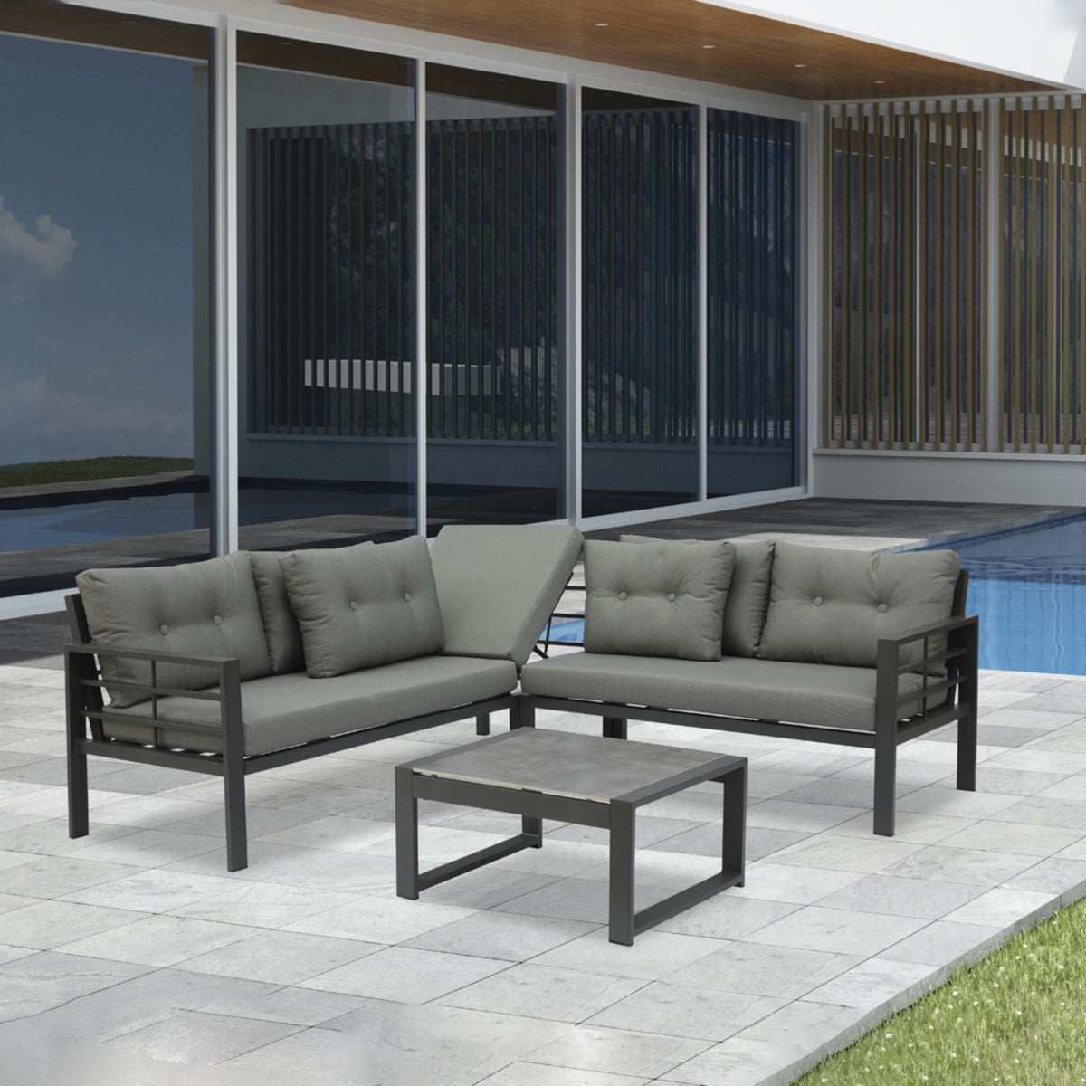 Hoekbank Loungeset Elba met verstelbare Relaxhoek, Kussens en Bijzettafel