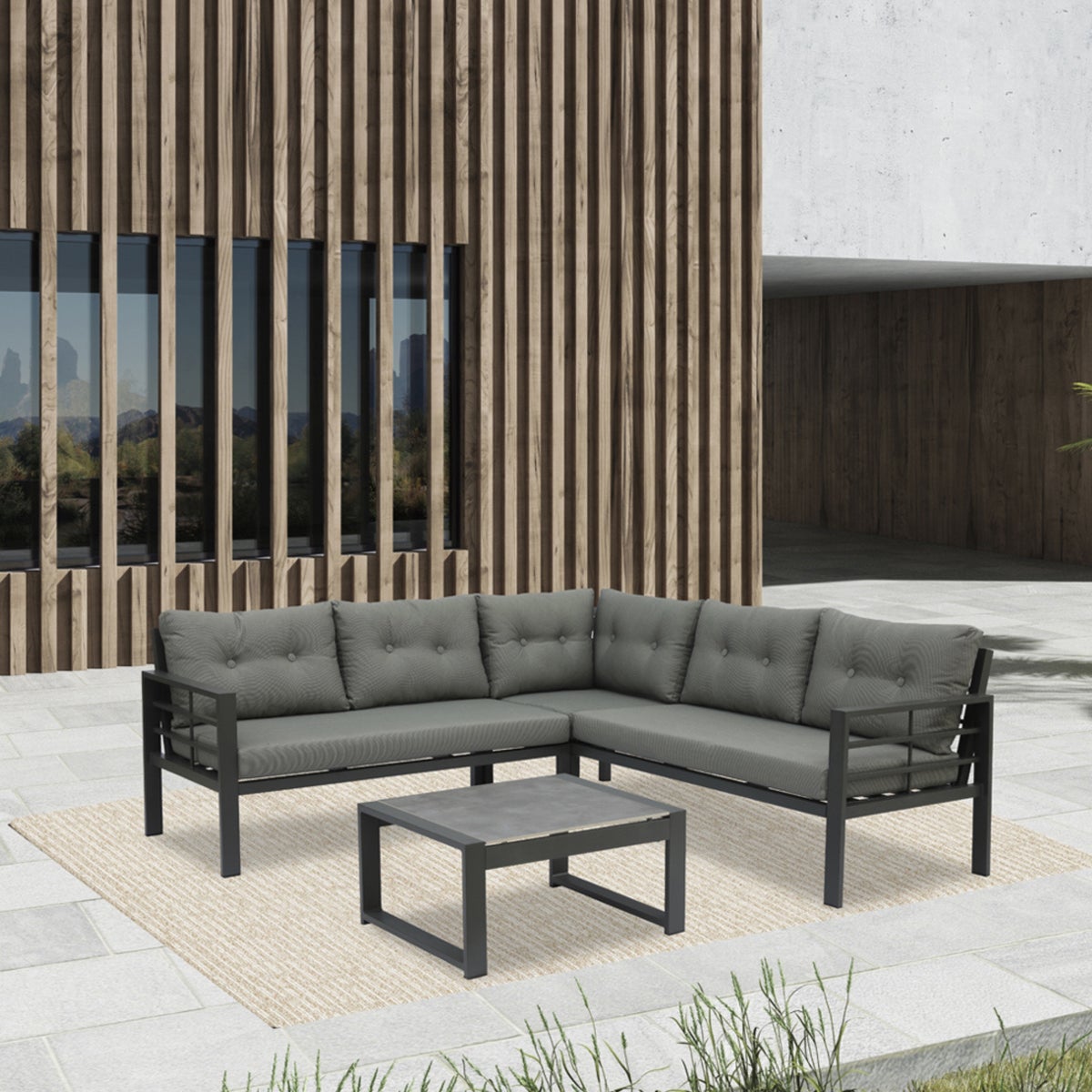 Hoekbank Loungeset Elba met verstelbare Relaxhoek, Kussens en Bijzettafel