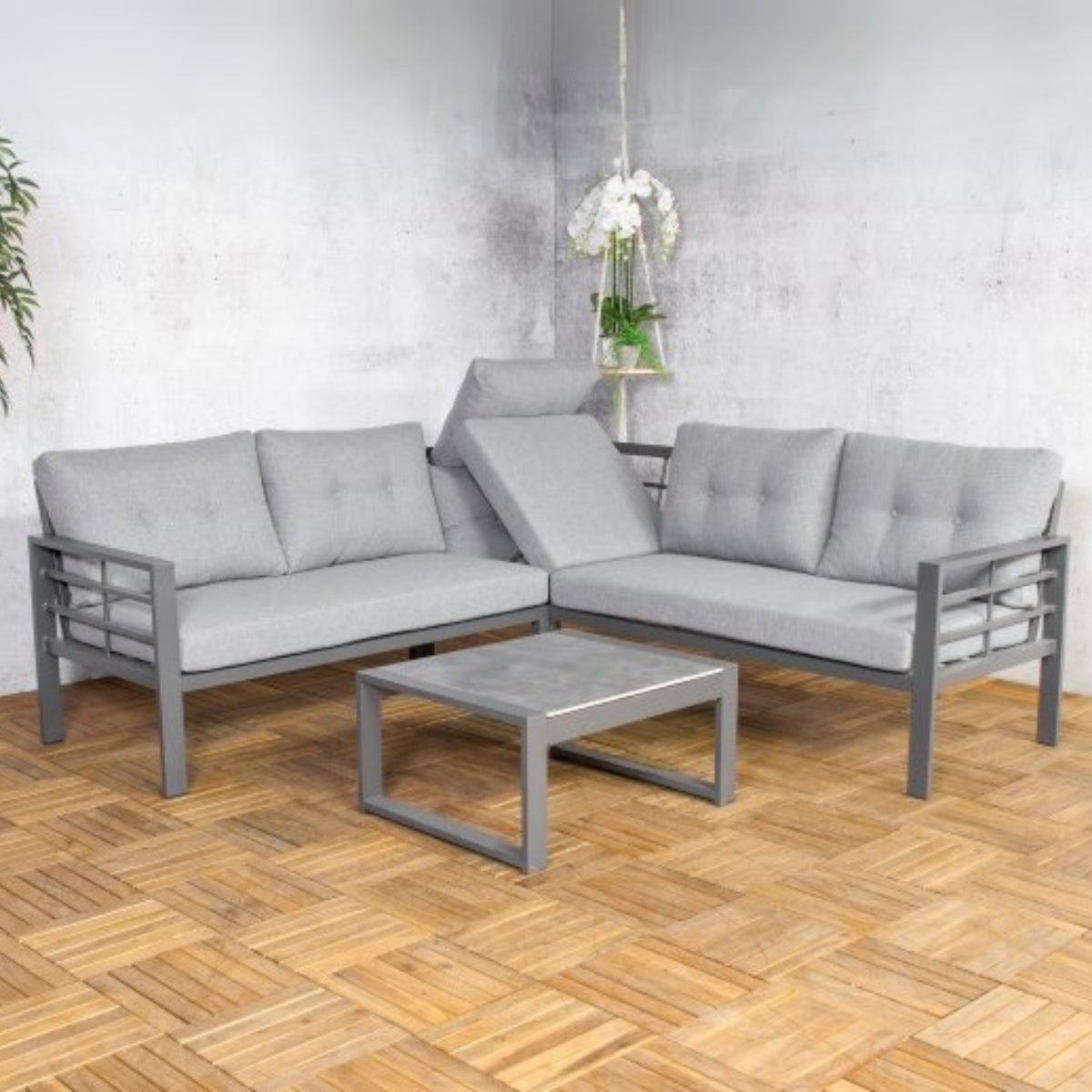 Hoekbank Loungeset Elba met verstelbare Relaxhoek, Kussens en Bijzettafel