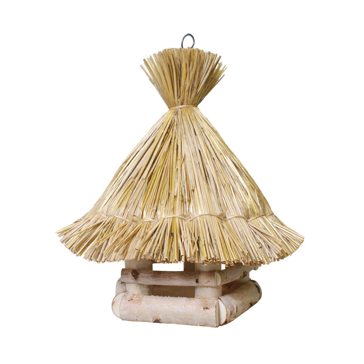 Vogelvoederhuis Rond Hangend van Berkenhout met Rieten Dak