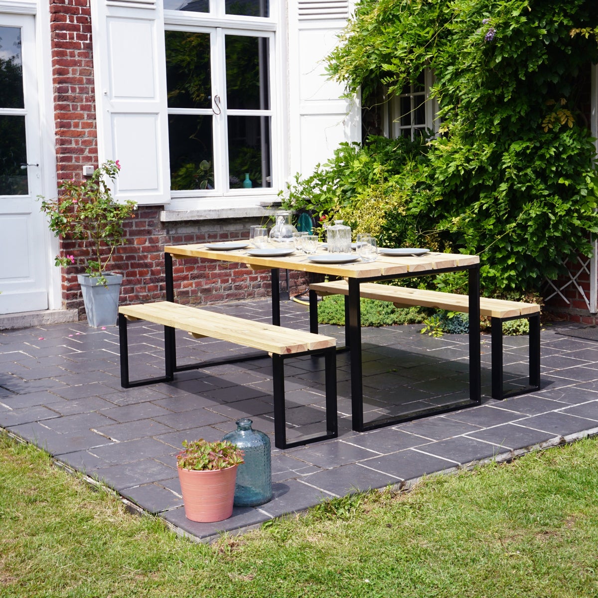 Picknicktafel set met Twee Banken en Stalen Poten 180 cm