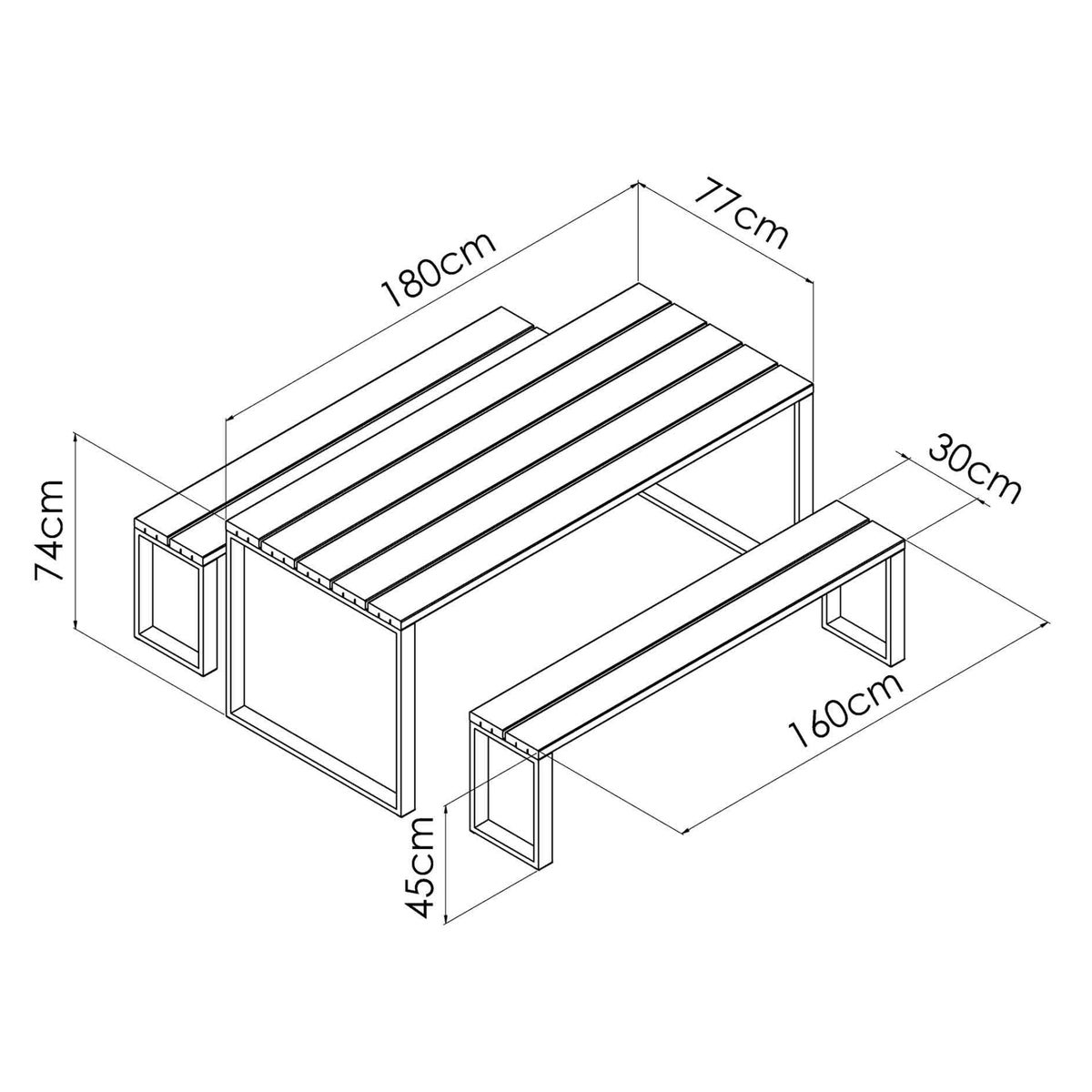 Picknicktafel set met Twee Banken en Stalen Poten 180 cm