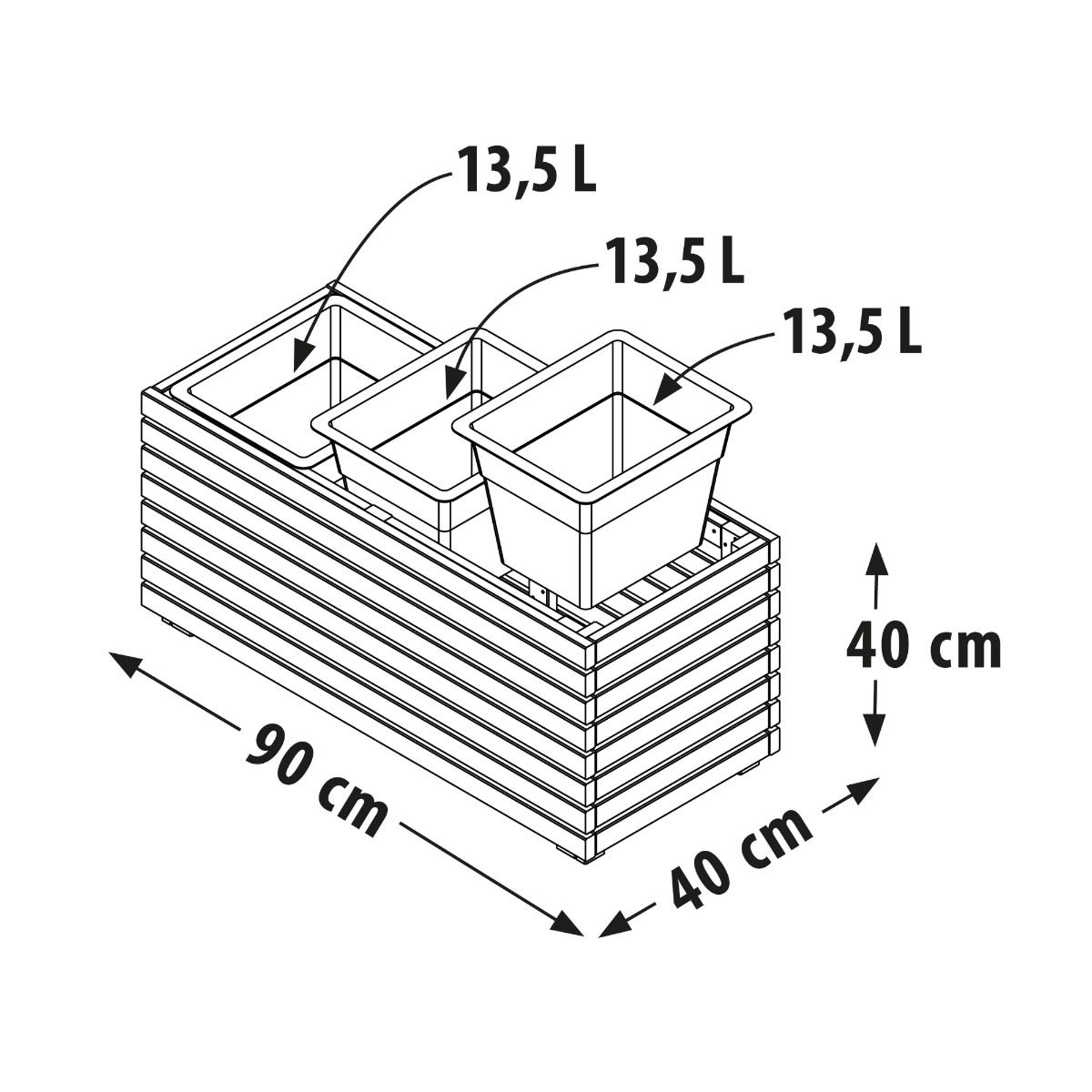 Plantenbak Grenen met 3 Binnenbakken 90 x 40 cm