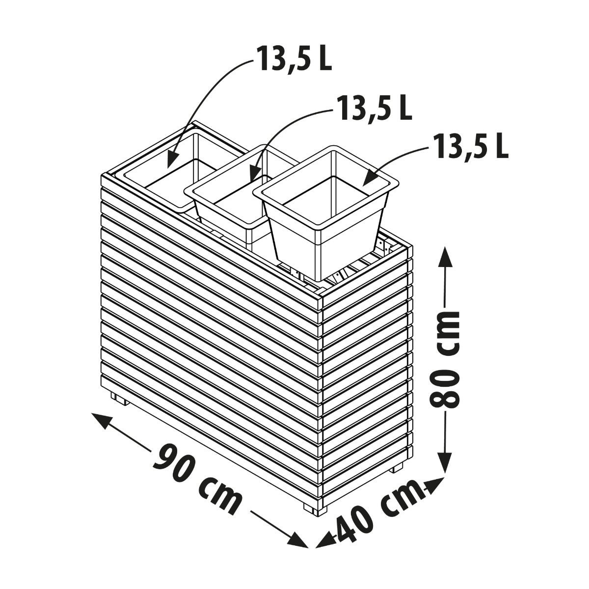 Plantenbak met 3 Binnenbakken Grenen 90 x 80 cm