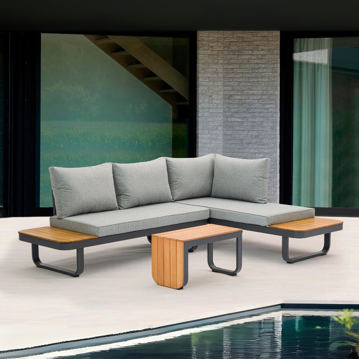 Samos Lounge Tuinset Grijs Aluminium Acacia Multi-Functioneel met Zitkussens en Tafel