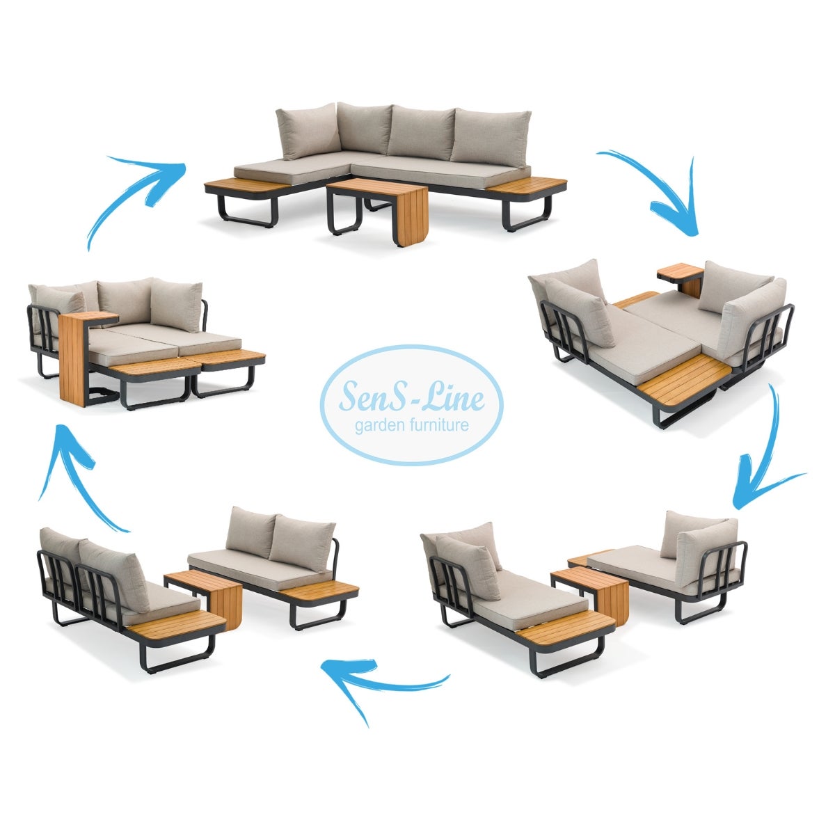 Samos Lounge Tuinset Taupe Aluminium Acacia Multi-Functioneel met Zitkussens en Tafel