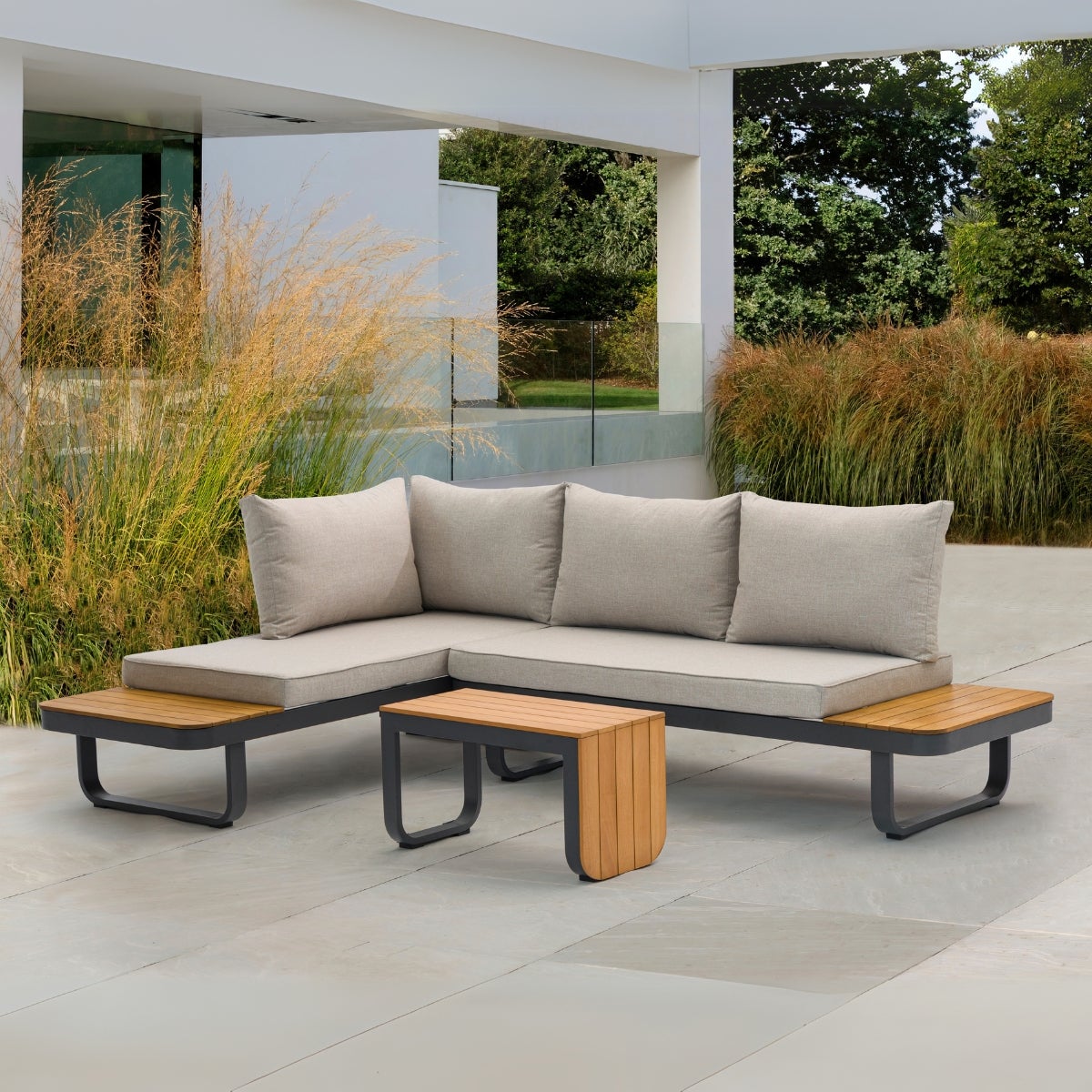 Samos Lounge Tuinset Taupe Aluminium Acacia Multi-Functioneel met Zitkussens en Tafel