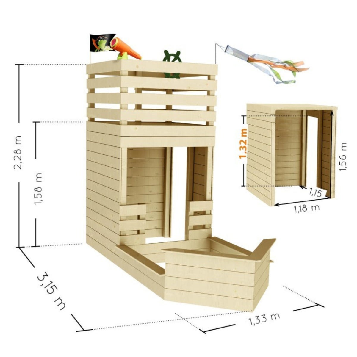 Soulet Piratenschip Speelhuis Hout met Zandbak en Klimmuur - 133 x 315 x 228 cm