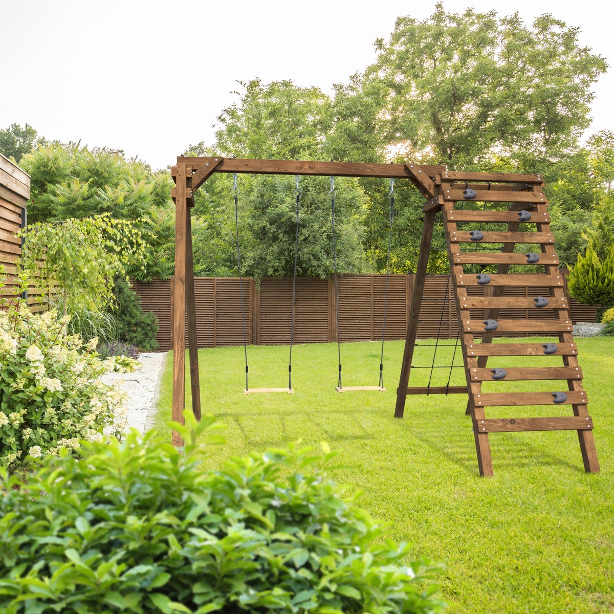 Soulet Speeltoestel Olympic Tristan met Dubbele Schommel, Klimmuur en Klimnet