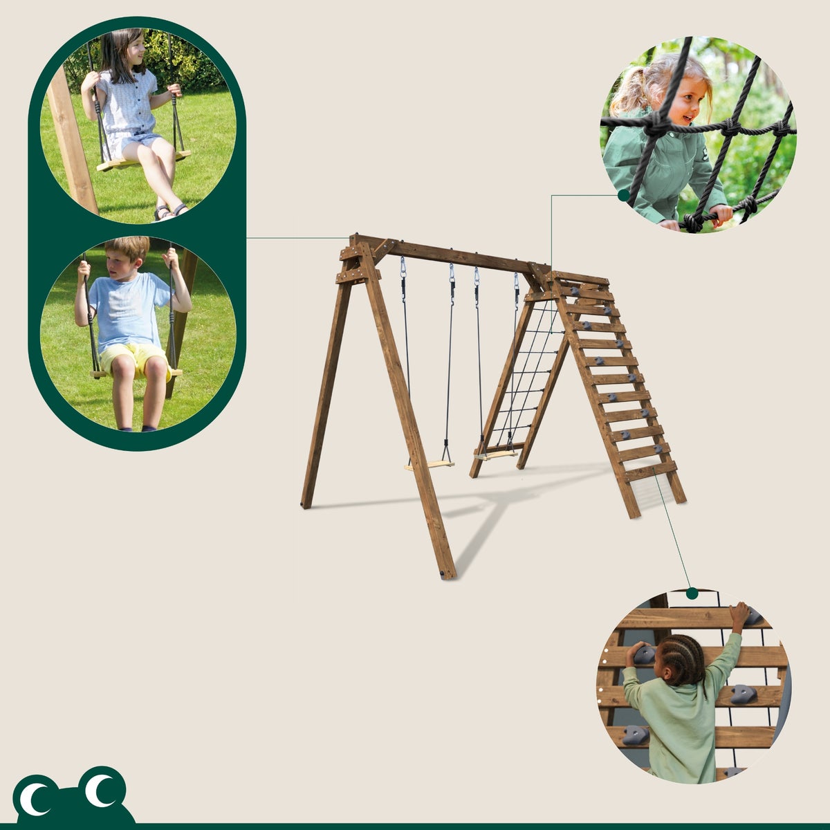 Soulet Speeltoestel Olympic Tristan met Dubbele Schommel, Klimmuur en Klimnet