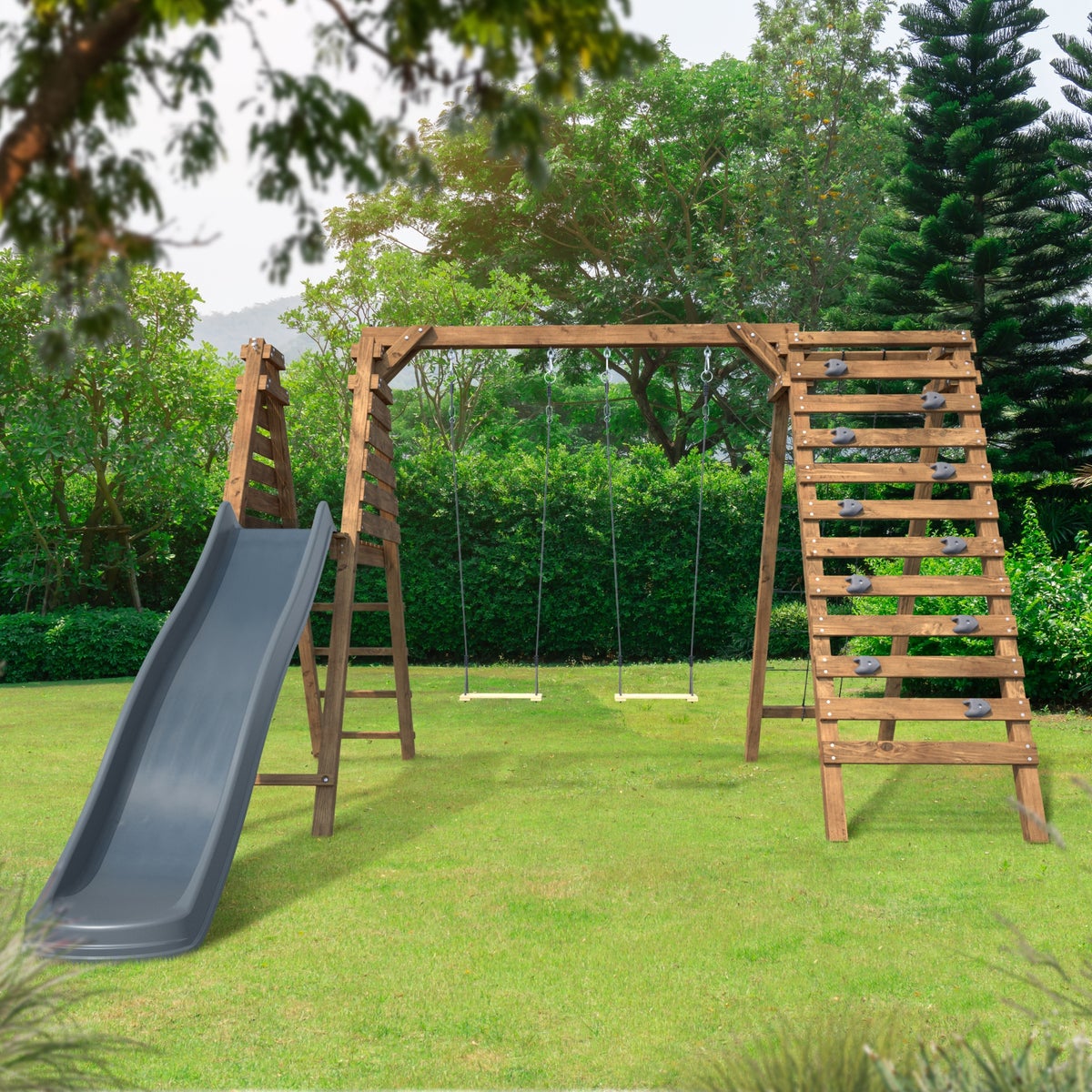 Soulet Speeltoestel Olympic Isis met Glijbaan, Dubbele Schommel, Klimmuur en Klimnet