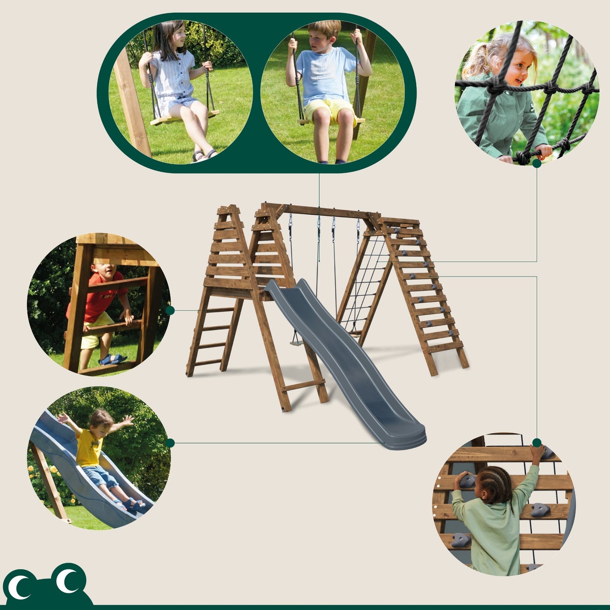 Soulet Speeltoestel Olympic Isis met Glijbaan, Dubbele Schommel, Klimmuur en Klimnet