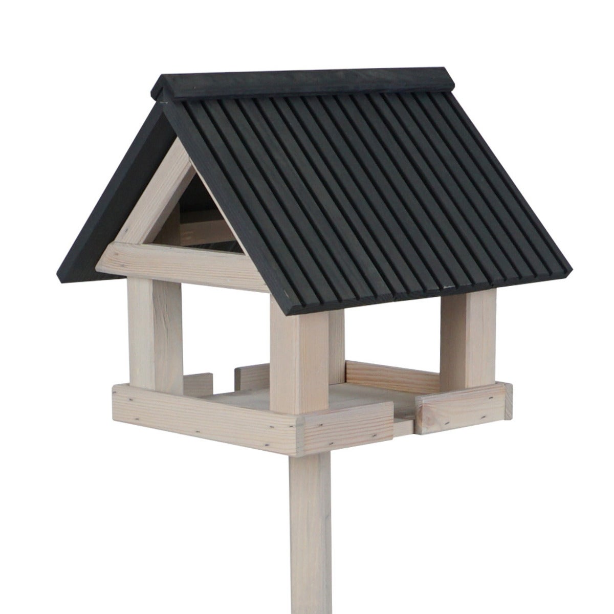 Vogelvoederhuis Grey Wash met Paal en Antraciet Latten Dak – Apex Design