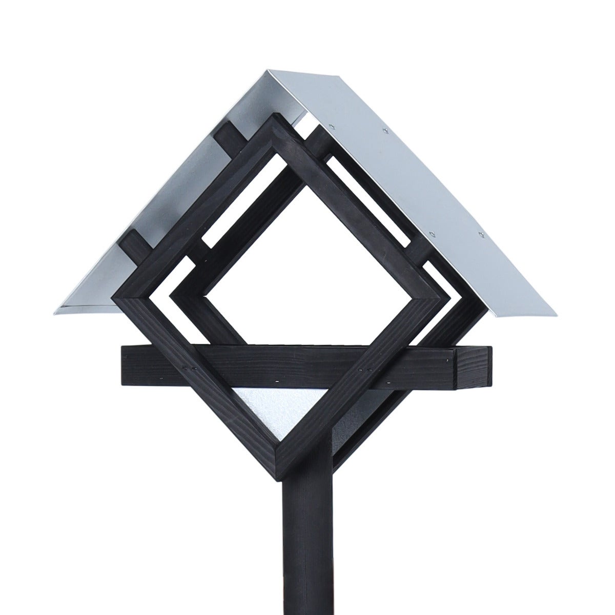 Vogelvoederhuis Zwart Op Paal Met Stalen Dak en Grondpen - Ruit Design