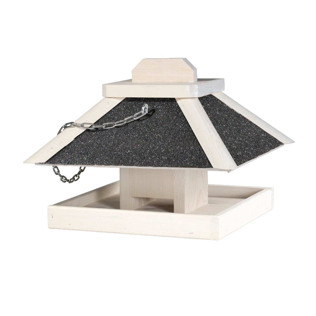 Vogelvoederhuis Hangend met Vierkant Zaadreservoir en Bitumen Dak – White Wash